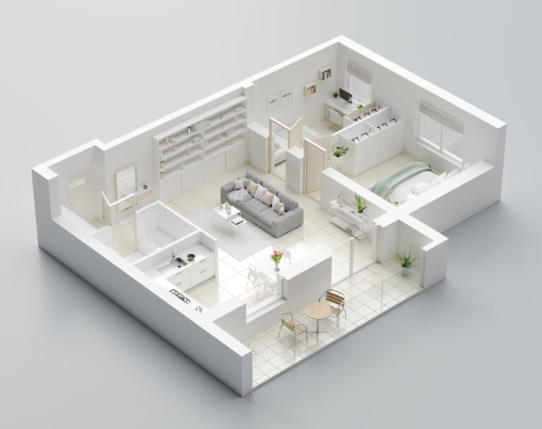 3D Floor plan of a home, 3D illustration. Open concept living ap